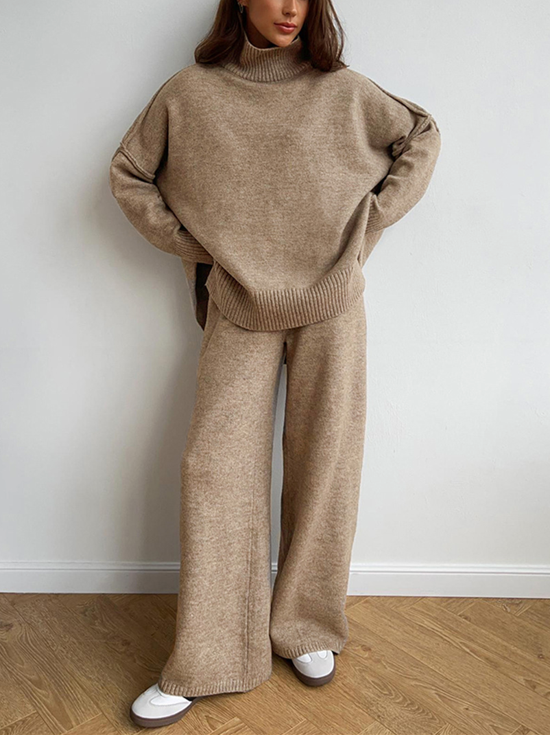 Effen Gebreid Set met Coltrui – Comfortabele Trui & Broek in Tijdloze Stijl