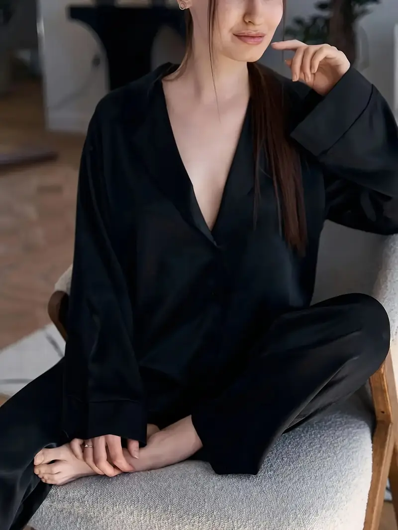2-Pack Dames Satijnen Pyjamaset met Lange Mouwen – Zachte & Ademende Loungewear voor Alle Seizoenen