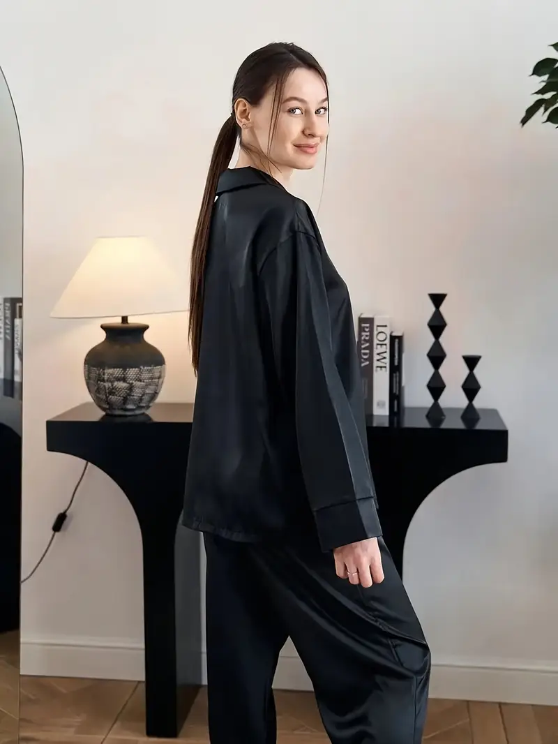 2-Pack Dames Satijnen Pyjamaset met Lange Mouwen – Zachte & Ademende Loungewear voor Alle Seizoenen