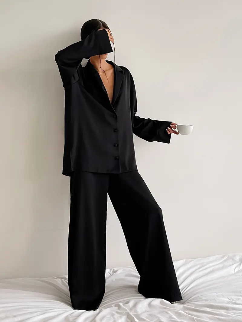 2-Pack Dames Satijnen Pyjamaset met Lange Mouwen – Zachte & Ademende Loungewear voor Alle Seizoenen