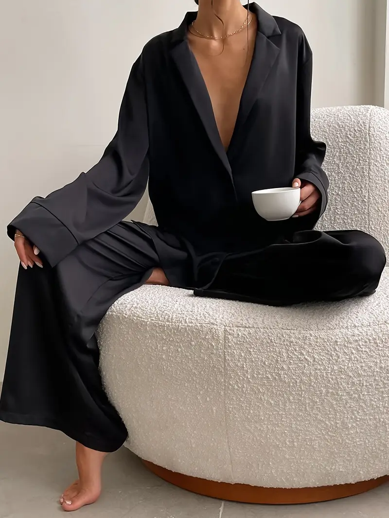 2-Pack Dames Satijnen Pyjamaset met Lange Mouwen – Zachte & Ademende Loungewear voor Alle Seizoenen
