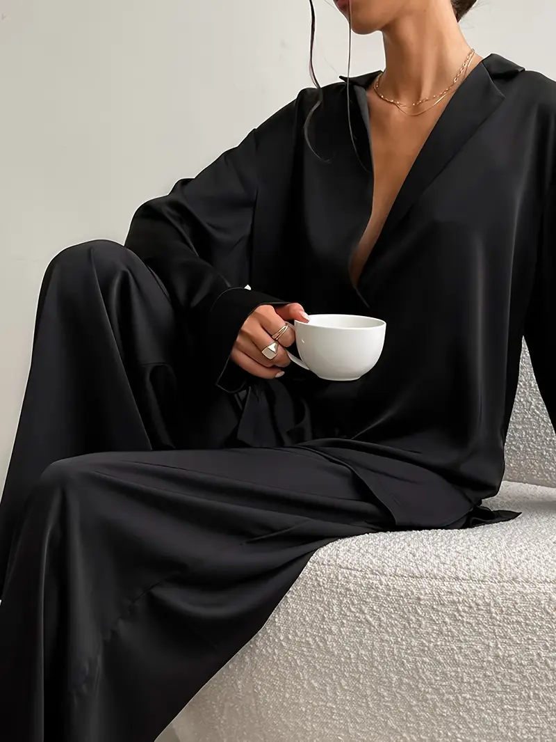 2-Pack Dames Satijnen Pyjamaset met Lange Mouwen – Zachte & Ademende Loungewear voor Alle Seizoenen