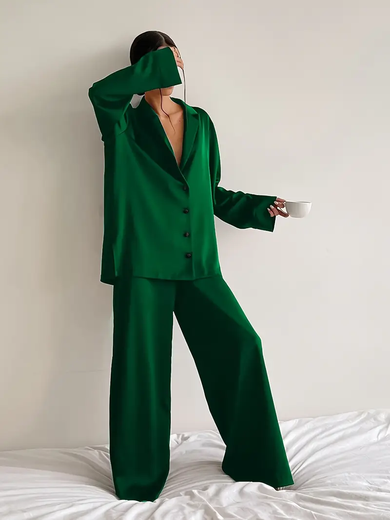2-Pack Dames Satijnen Pyjamaset met Lange Mouwen – Zachte & Ademende Loungewear voor Alle Seizoenen
