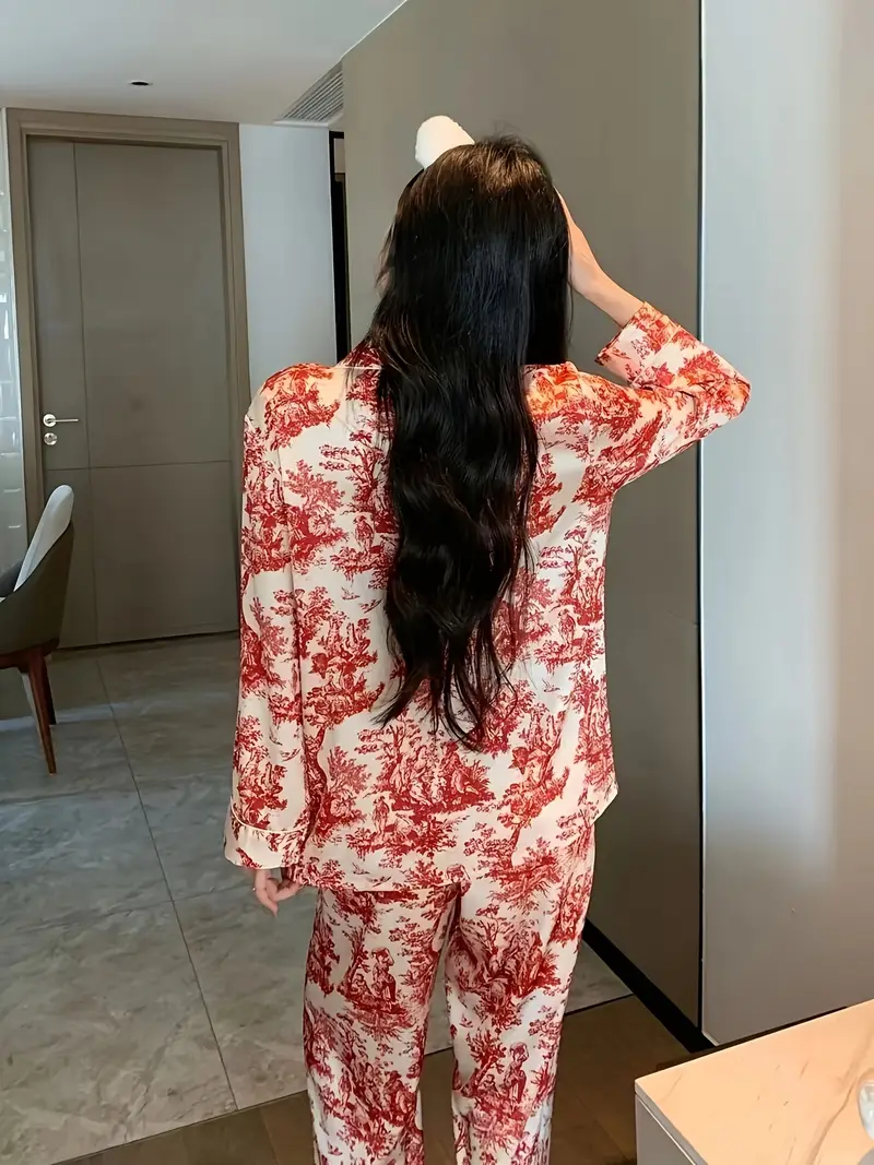 Elegante Zijdeachtige Damespyjama met Inktprint – Zachte & Ademend Loungewear voor Lente en Herfst