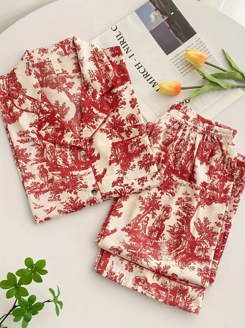 Elegante Zijdeachtige Damespyjama met Inktprint – Zachte & Ademend Loungewear voor Lente en Herfst