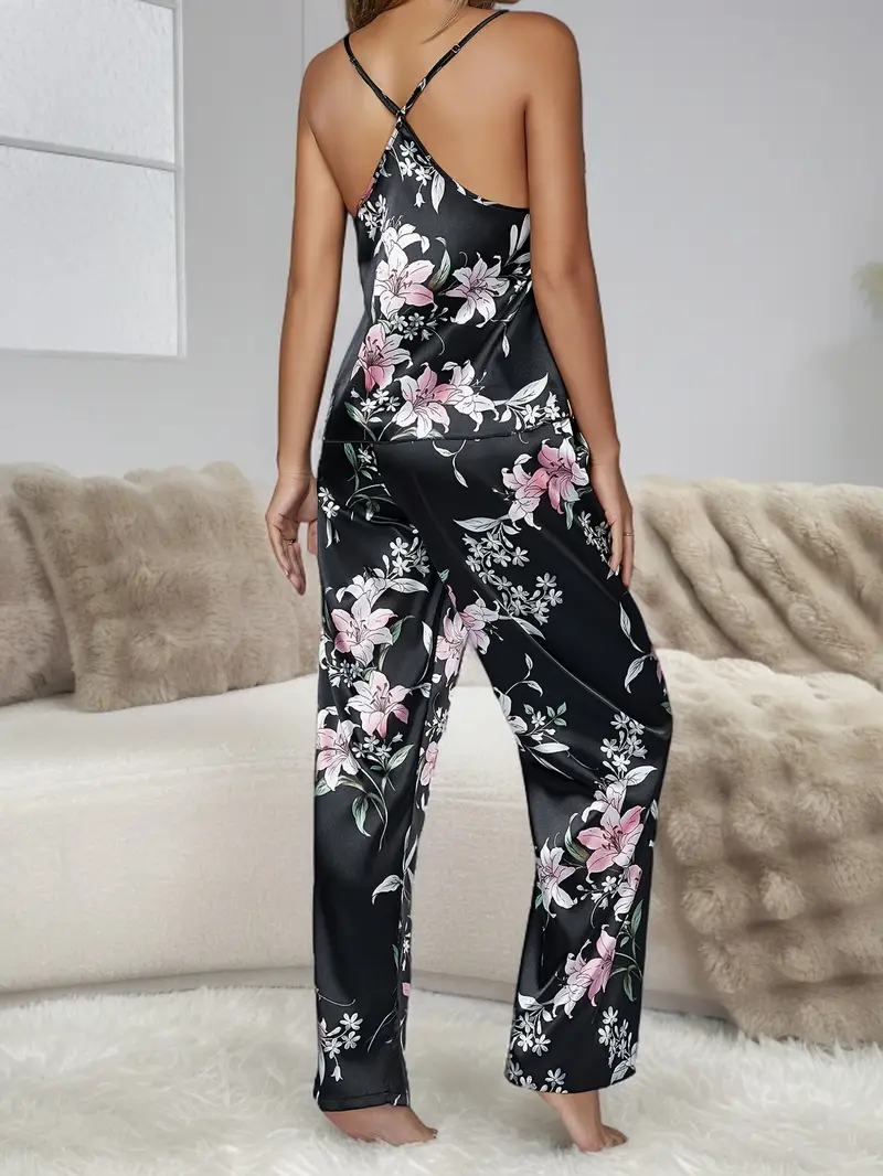 Dames Zijdeachtige Pyjamaset – Effen Cami Top met Ronde Hals & Elastische Broek voor Dagelijks Comfort