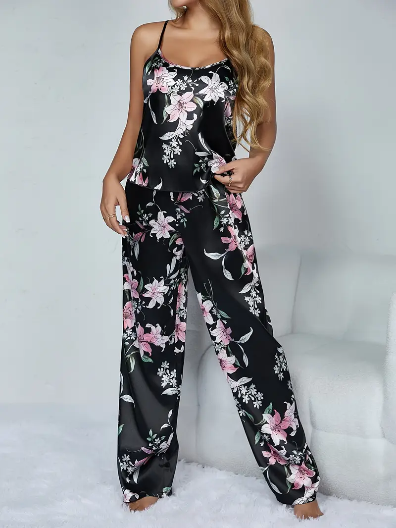 Dames Zijdeachtige Pyjamaset – Effen Cami Top met Ronde Hals & Elastische Broek voor Dagelijks Comfort