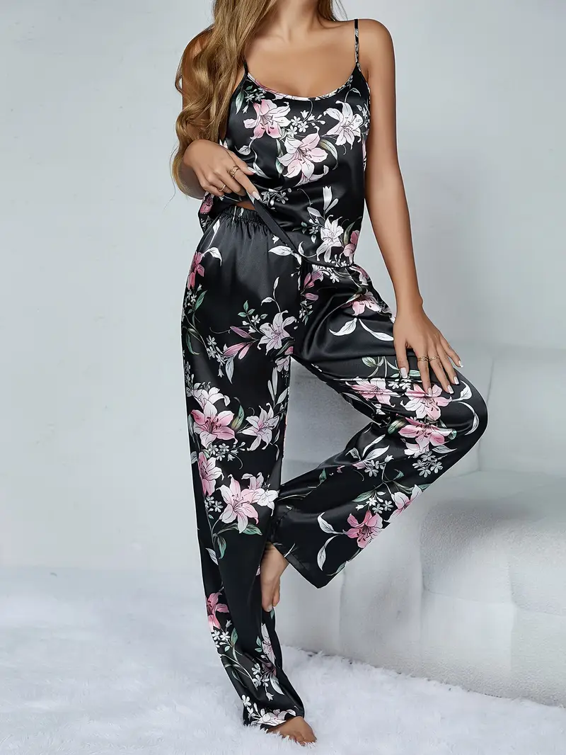 Dames Zijdeachtige Pyjamaset – Effen Cami Top met Ronde Hals & Elastische Broek voor Dagelijks Comfort