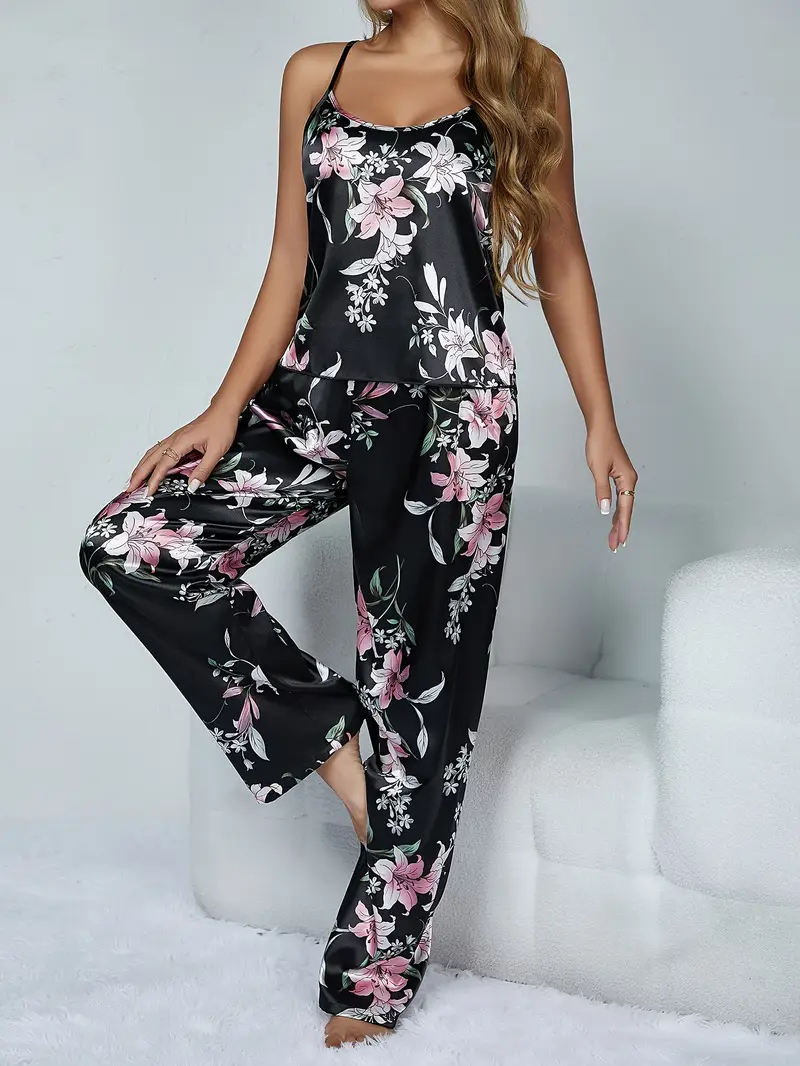 Dames Zijdeachtige Pyjamaset – Effen Cami Top met Ronde Hals & Elastische Broek voor Dagelijks Comfort