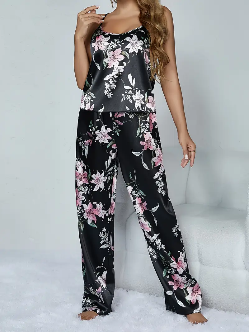 Dames Zijdeachtige Pyjamaset – Effen Cami Top met Ronde Hals & Elastische Broek voor Dagelijks Comfort