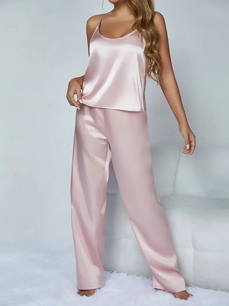 Dames Zijdeachtige Pyjamaset – Effen Cami Top met Ronde Hals & Elastische Broek voor Dagelijks Comfort