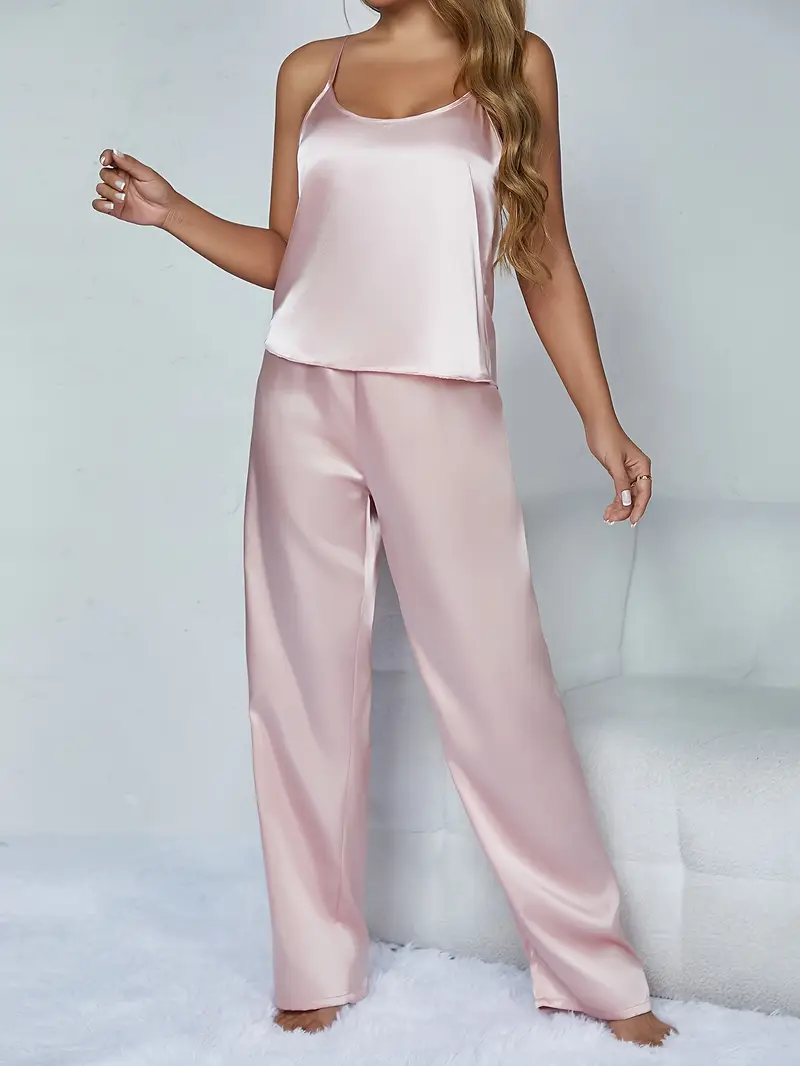 Dames Zijdeachtige Pyjamaset – Effen Cami Top met Ronde Hals & Elastische Broek voor Dagelijks Comfort
