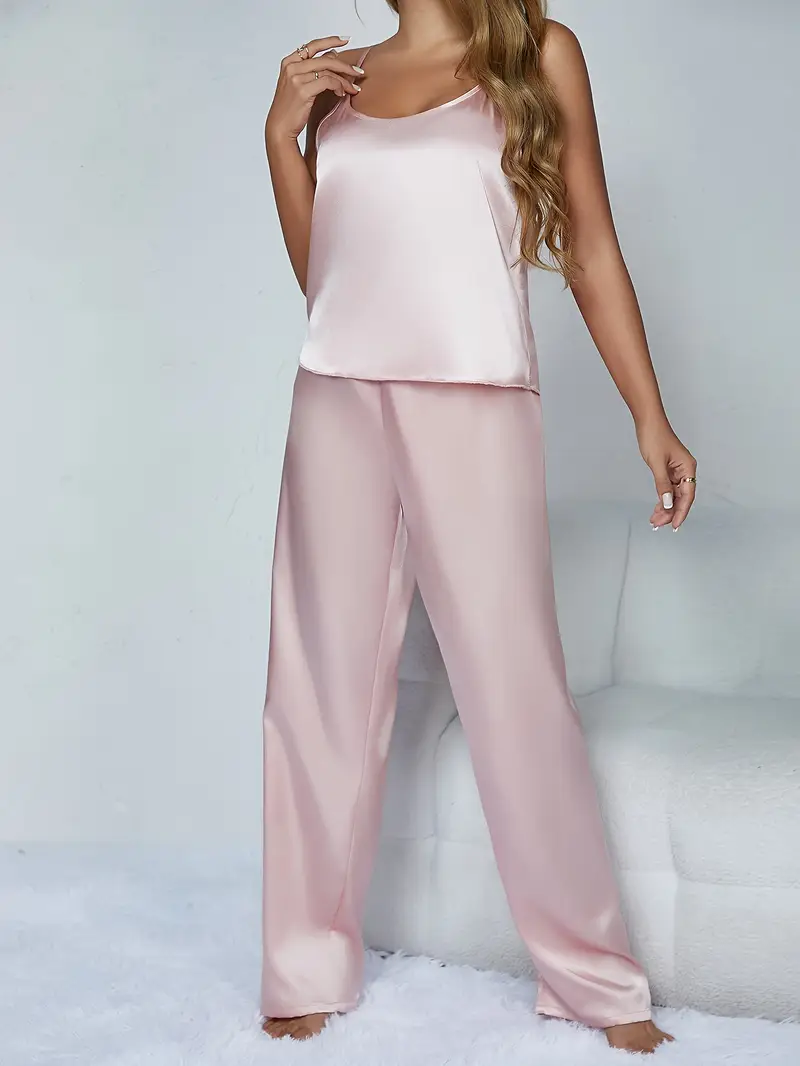 Dames Zijdeachtige Pyjamaset – Effen Cami Top met Ronde Hals & Elastische Broek voor Dagelijks Comfort