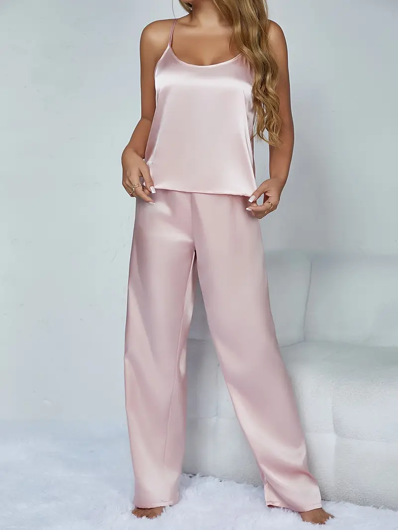 Dames Zijdeachtige Pyjamaset – Effen Cami Top met Ronde Hals & Elastische Broek voor Dagelijks Comfort