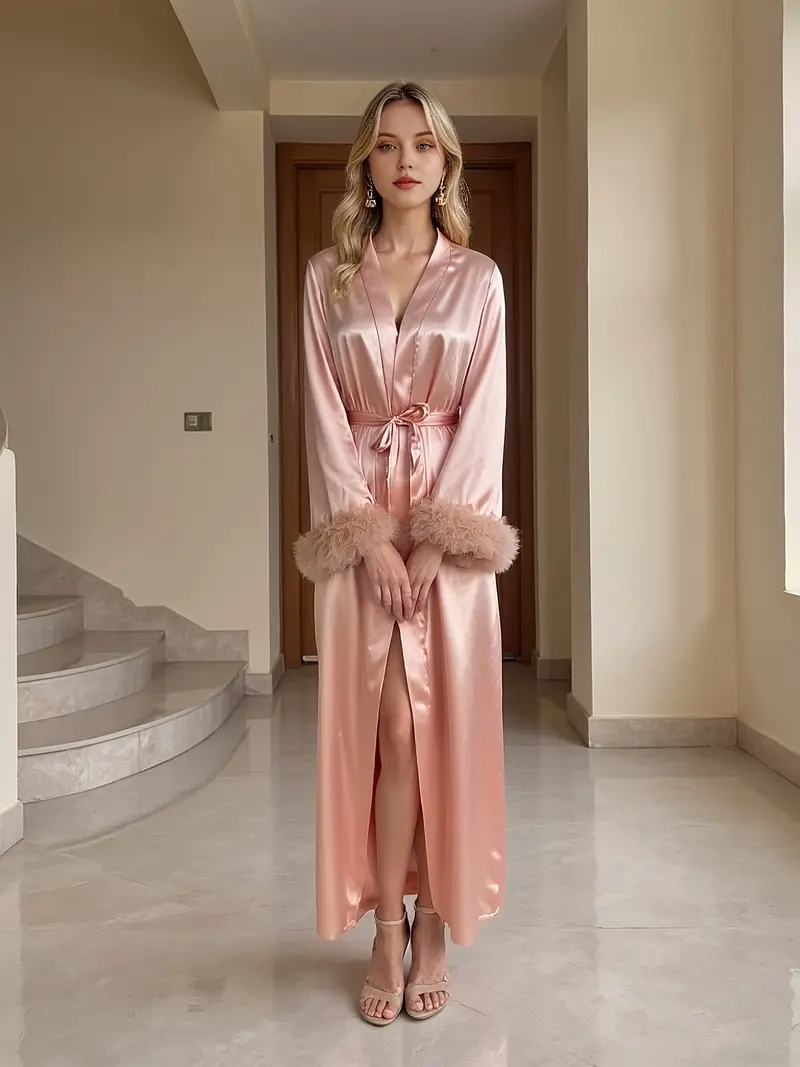 Luxe Satijnen Kamerjas met Kant voor Dames – Zijdezachte Loungewear met Elegante Mouwafwerking