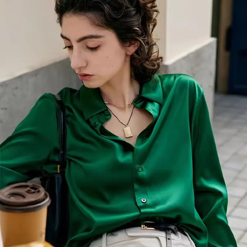 Groene Satijnen Blouse met Lange Mouwen – Elegante Damesblouse voor Lente en Herfst