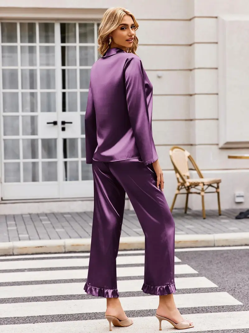Zachte Satijnen Dames Pyjama Set – 2-Delige Loungewear met Lange Mouwen & Knoopsluiting