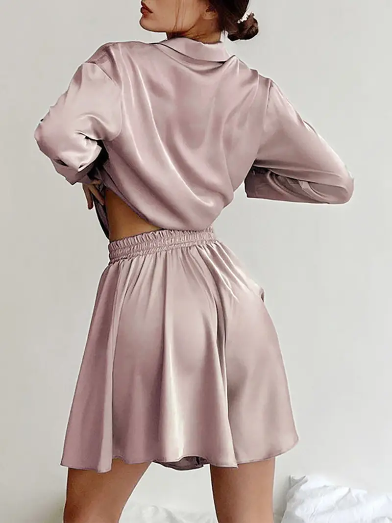 Luxe Satijnen Pyjama Set voor Dames – 2-Delige Loungewear met Lange Mouwen en Korte Broek