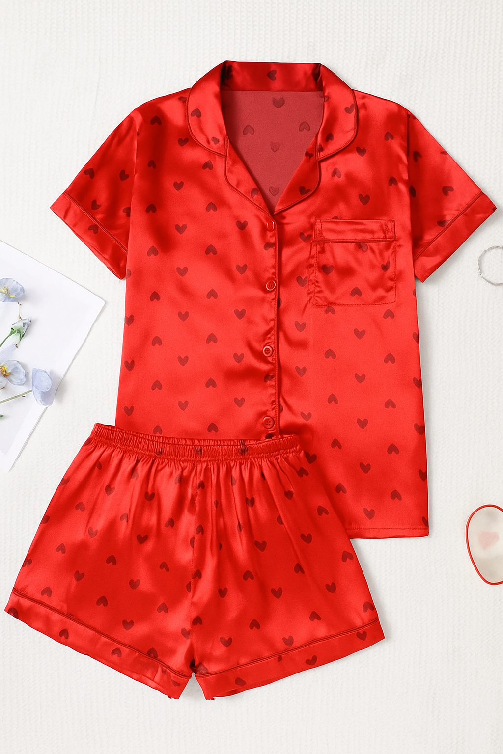 Zijdezacht Satijnen Dames Pyjama Set – Lichtgewicht Zomerslaapset met Verstelbare Short