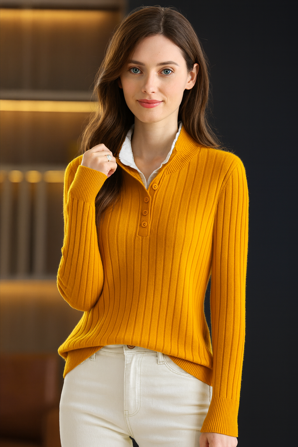 Zacht-Stretch Trui met Knopenhals – Lichtgewicht, Perfect om te Laagjesdragen