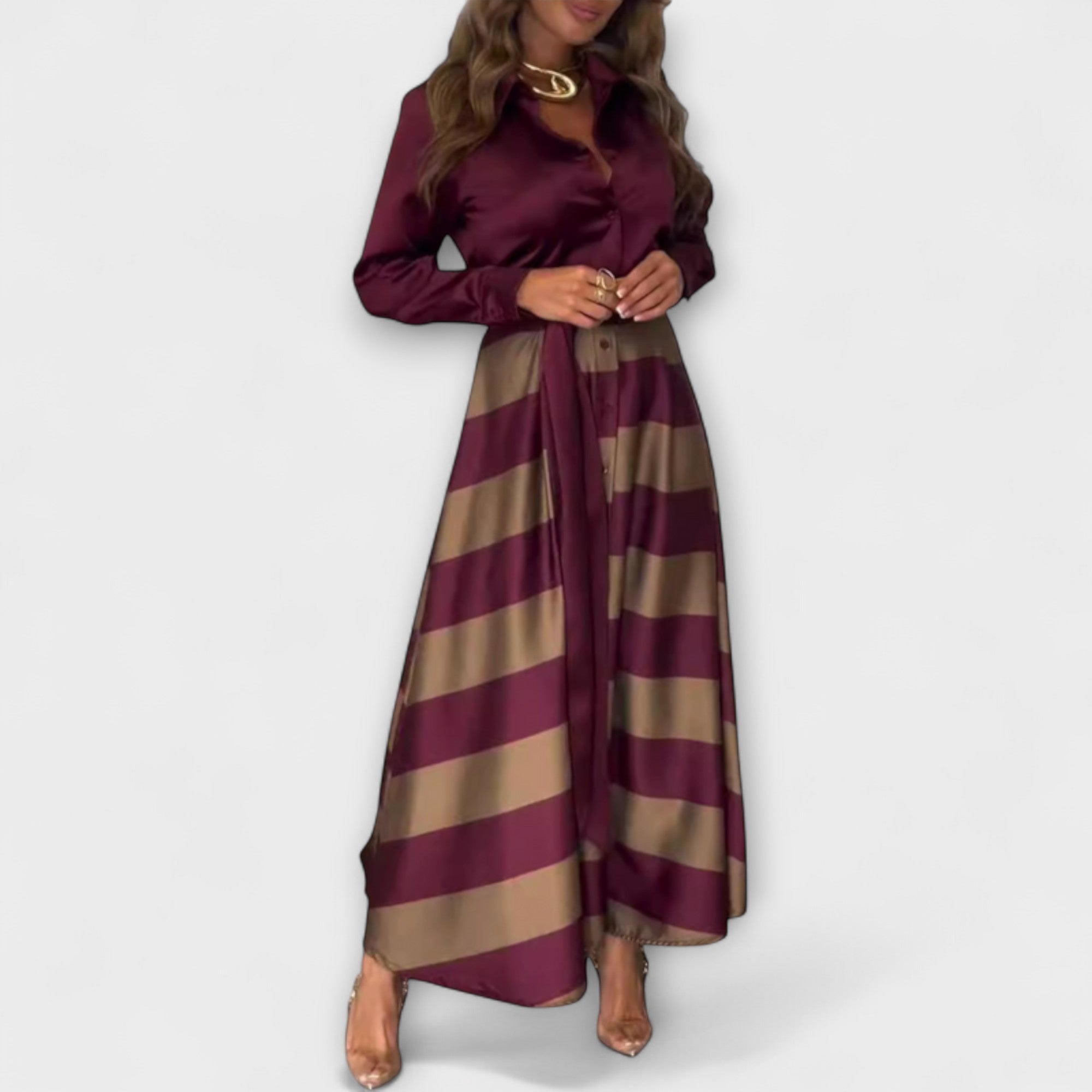 Elegante Jurk met Overhemdkraag, Gestreepte Rok & Tailleceintuur – Perfect voor Bijzondere Gelegenheden