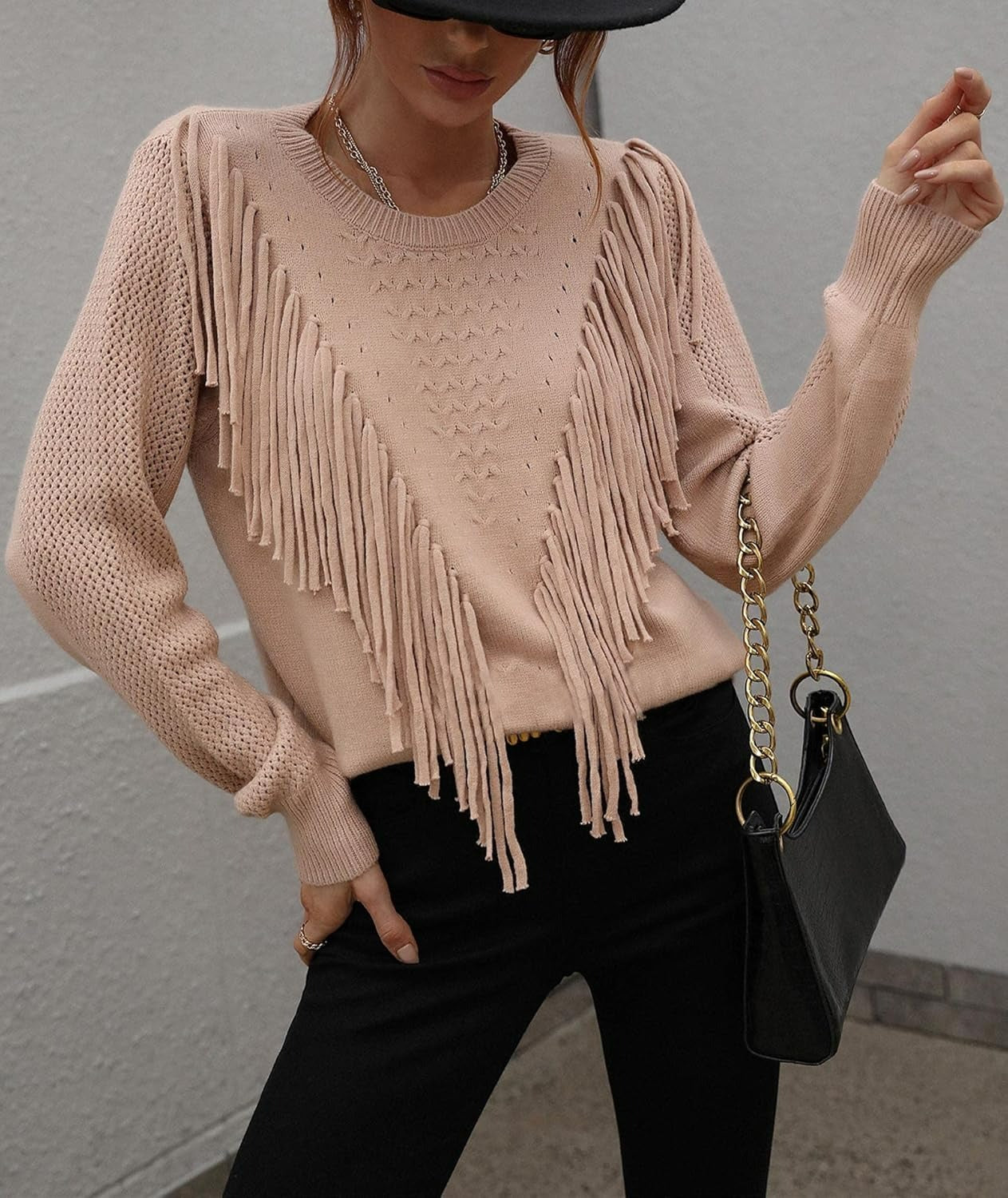 Dames Gebreide Trui met Franjes – Lange Mouwen Pullover met Boho Chic Details