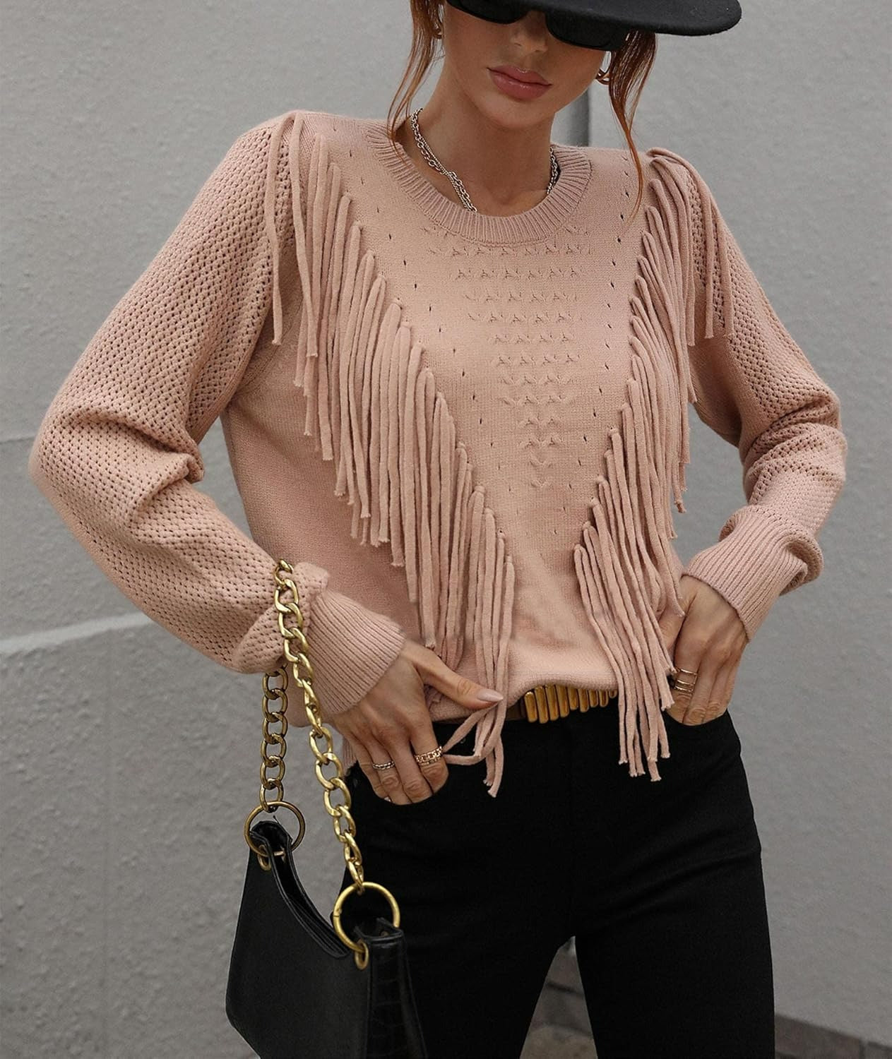 Dames Gebreide Trui met Franjes – Lange Mouwen Pullover met Boho Chic Details