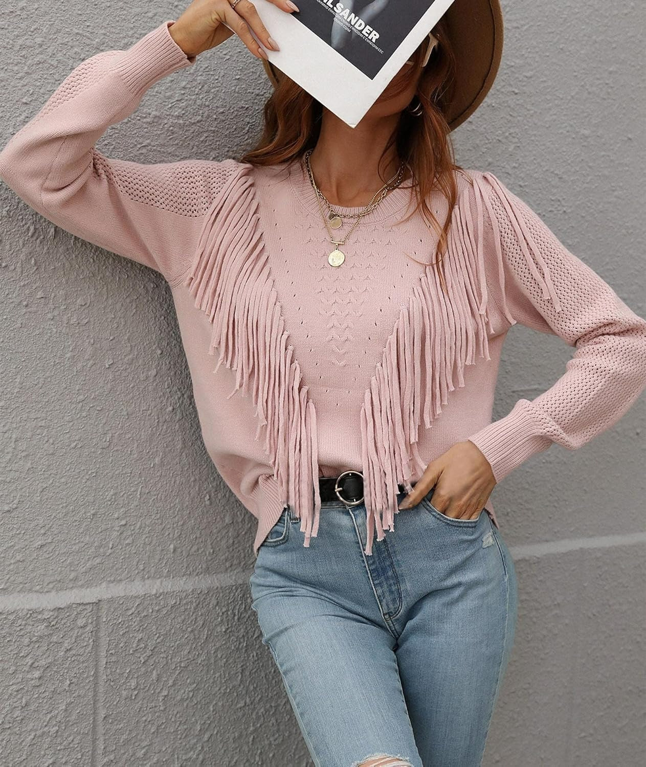 Dames Gebreide Trui met Franjes – Lange Mouwen Pullover met Boho Chic Details