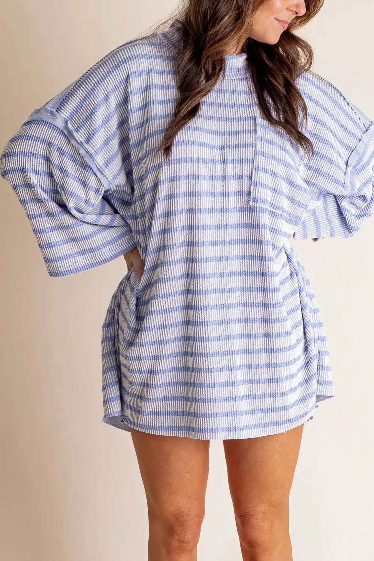 Dames Losse Gestreepte Gebreide Top – Zachte Geribde Ronde Hals Pullover met Voorzak voor Dagelijks Gebruik