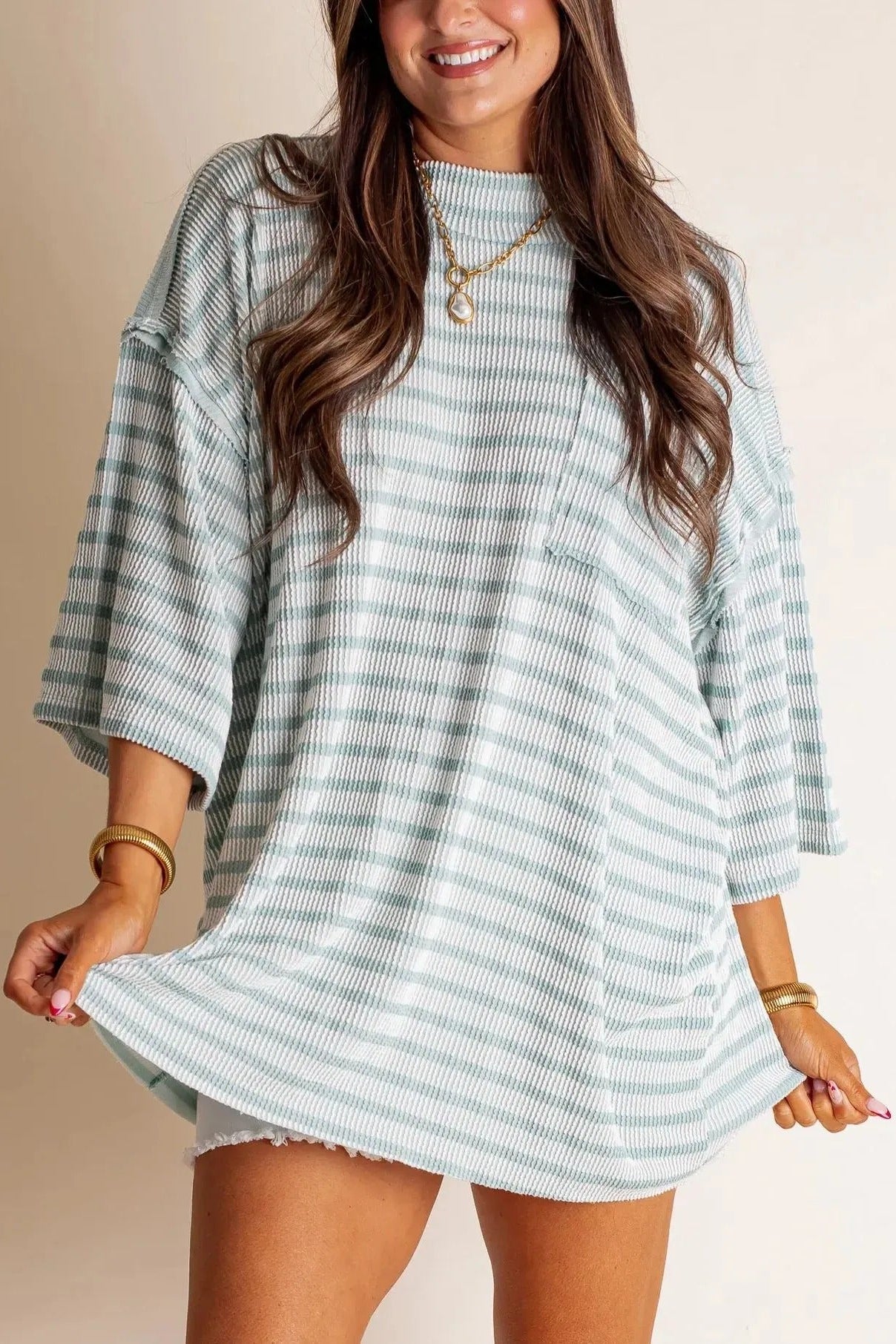 Dames Losse Gestreepte Gebreide Top – Zachte Geribde Ronde Hals Pullover met Voorzak voor Dagelijks Gebruik