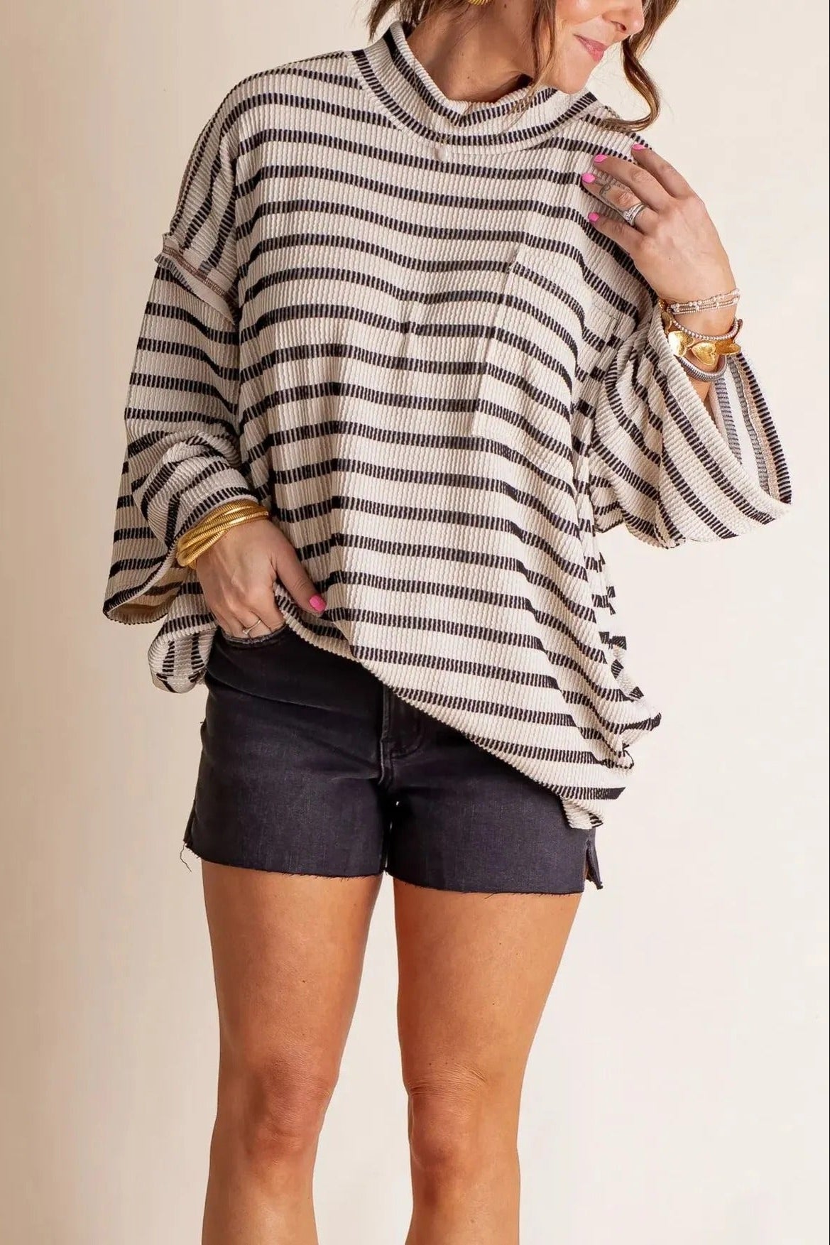 Dames Losse Gestreepte Gebreide Top – Zachte Geribde Ronde Hals Pullover met Voorzak voor Dagelijks Gebruik