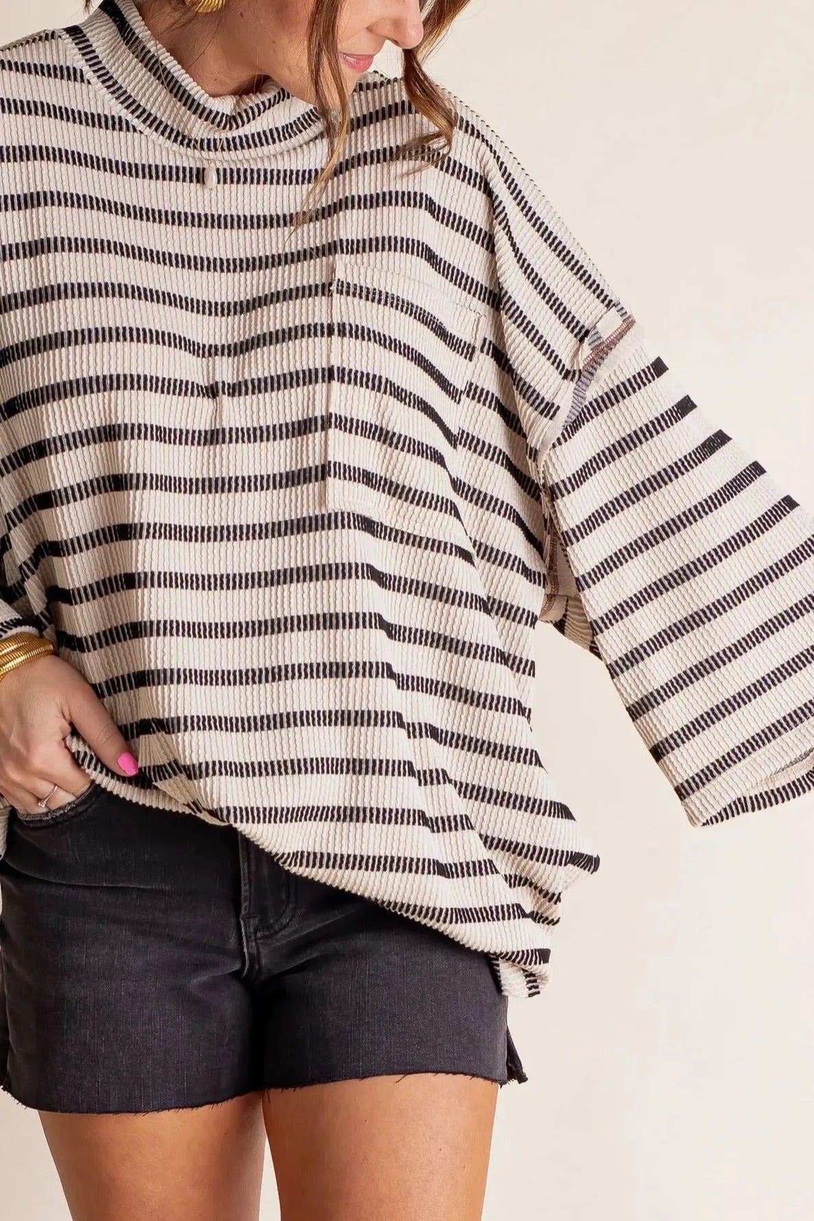 Dames Losse Gestreepte Gebreide Top – Zachte Geribde Ronde Hals Pullover met Voorzak voor Dagelijks Gebruik