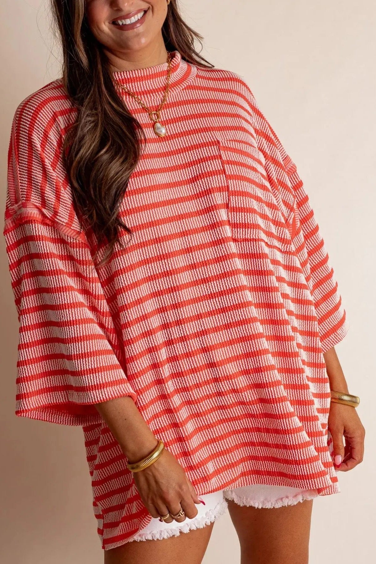 Dames Losse Gestreepte Gebreide Top – Zachte Geribde Ronde Hals Pullover met Voorzak voor Dagelijks Gebruik