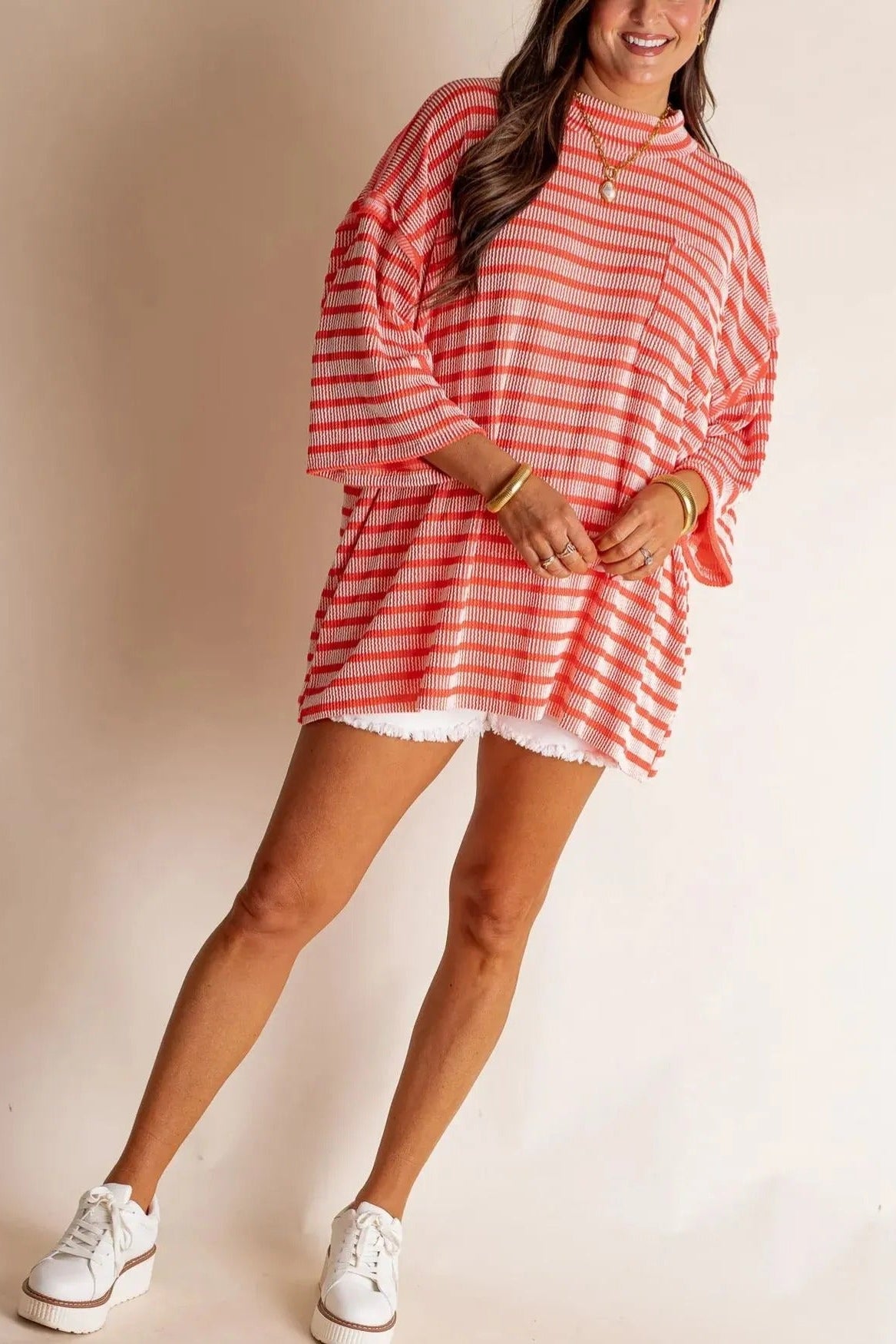 Dames Losse Gestreepte Gebreide Top – Zachte Geribde Ronde Hals Pullover met Voorzak voor Dagelijks Gebruik