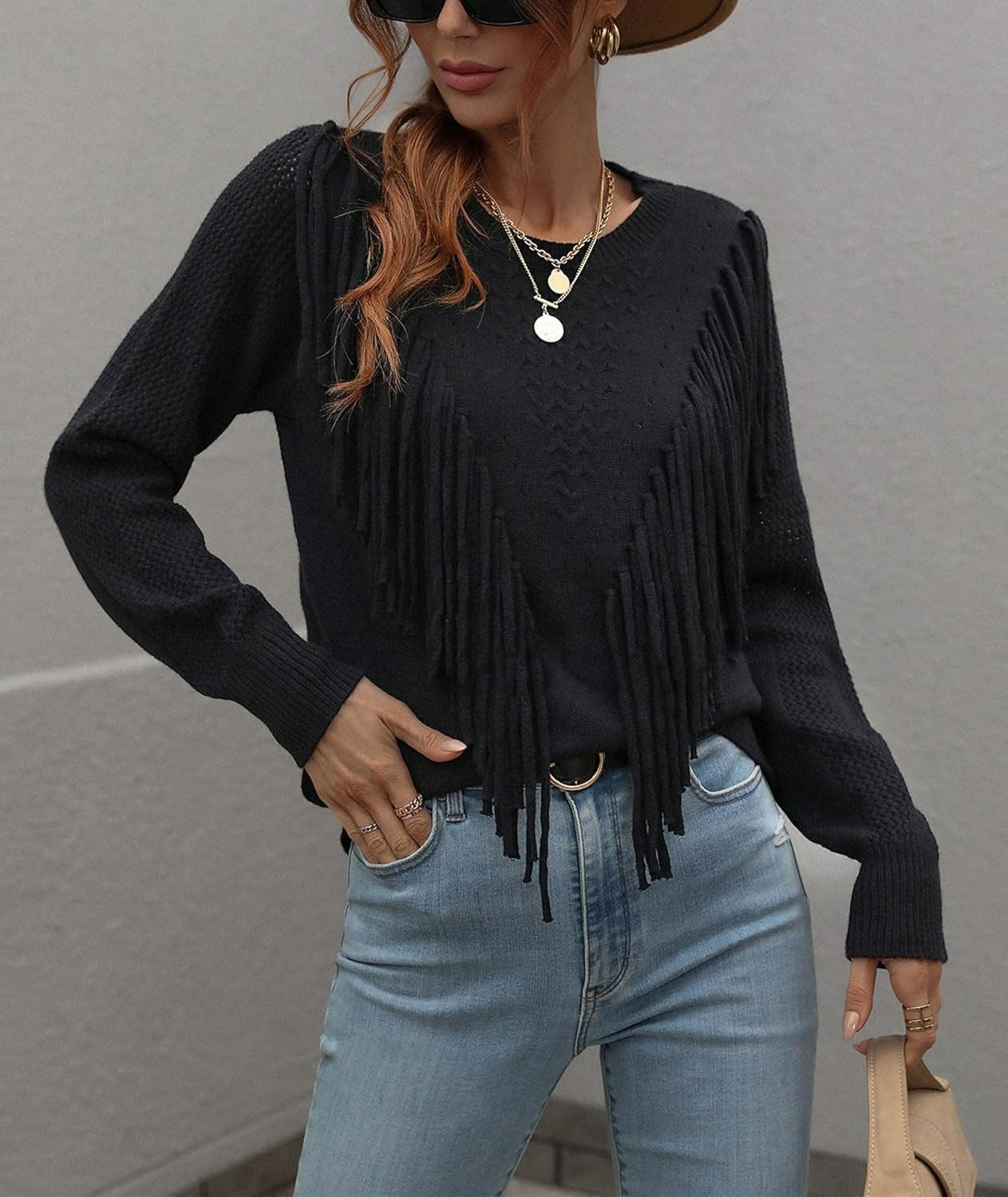 Dames Gebreide Trui met Franjes – Lange Mouwen Pullover met Boho Chic Details