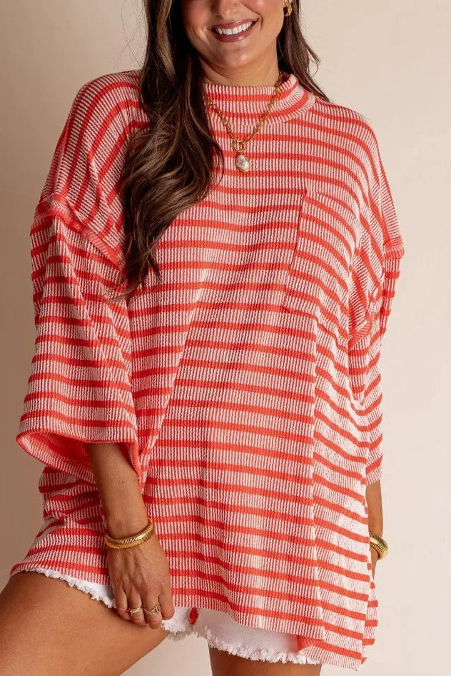 Dames Losse Gestreepte Gebreide Top – Zachte Geribde Ronde Hals Pullover met Voorzak voor Dagelijks Gebruik