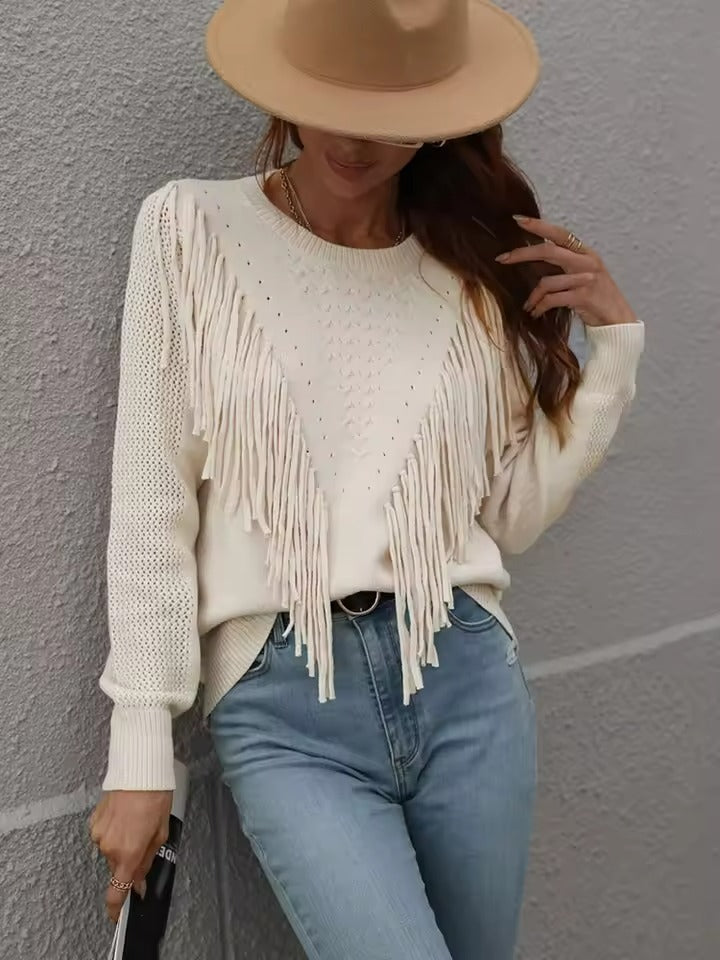 Dames Gebreide Trui met Franjes – Lange Mouwen Pullover met Boho Chic Details