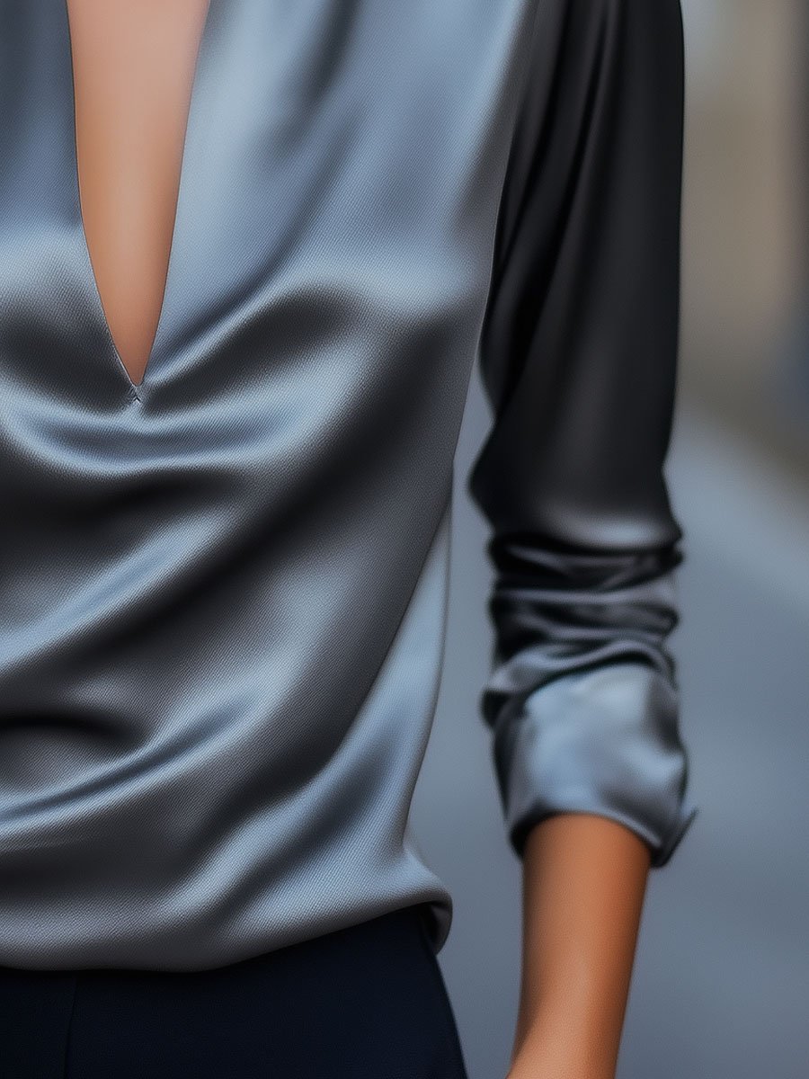 Dames Satijnen Blouse – Elegante Zilveren V-Hals Top met Lange Mouwen voor Casual en Kantoor