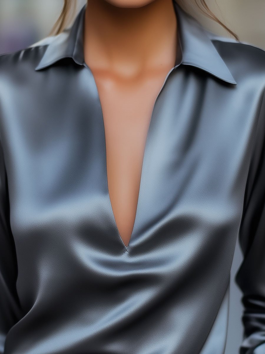 Dames Satijnen Blouse – Elegante Zilveren V-Hals Top met Lange Mouwen voor Casual en Kantoor