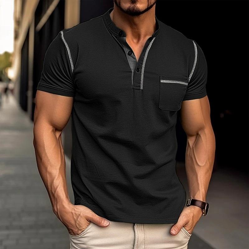 Heren T-Shirt met Henley Kraag – Katoen, Korte Mouw & Colorblock Design