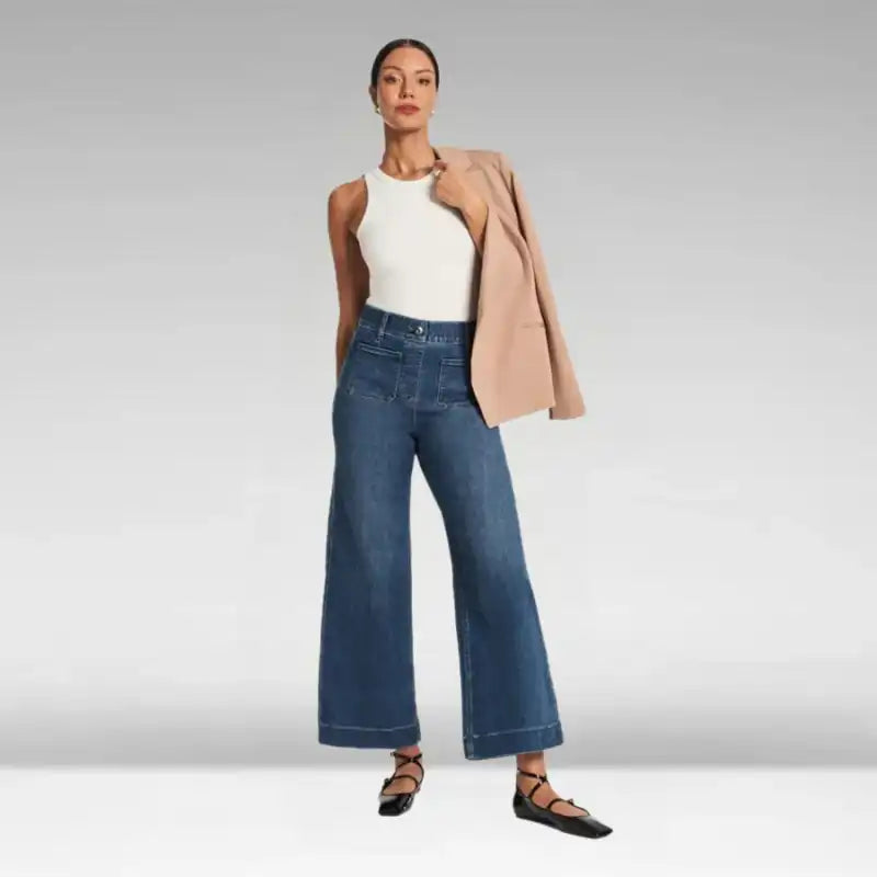 Korte jeans met wijde pijpen en buikcontrol – Comfortabele stretch & billenliftende pasvorm