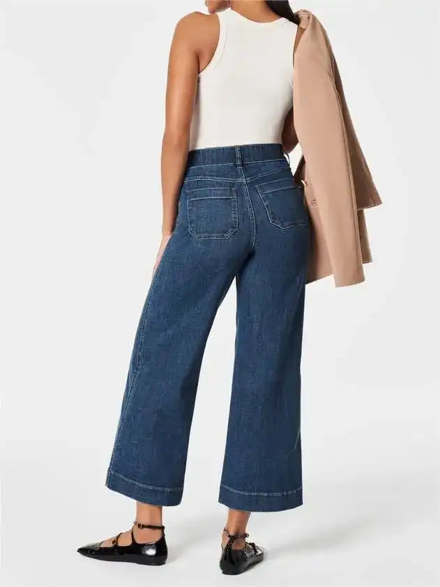 Korte jeans met wijde pijpen en buikcontrol – Comfortabele stretch & billenliftende pasvorm