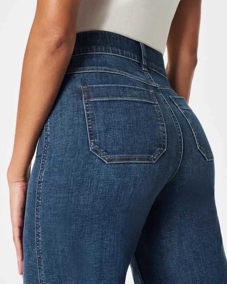Korte jeans met wijde pijpen en buikcontrol – Comfortabele stretch & billenliftende pasvorm