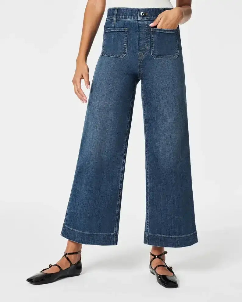 Korte jeans met wijde pijpen en buikcontrol – Comfortabele stretch & billenliftende pasvorm