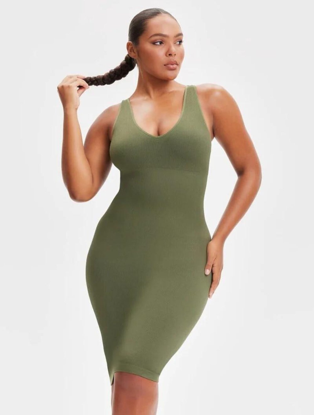 Shapewear Jurk met Diepe V-Hals en Lange Mouwen