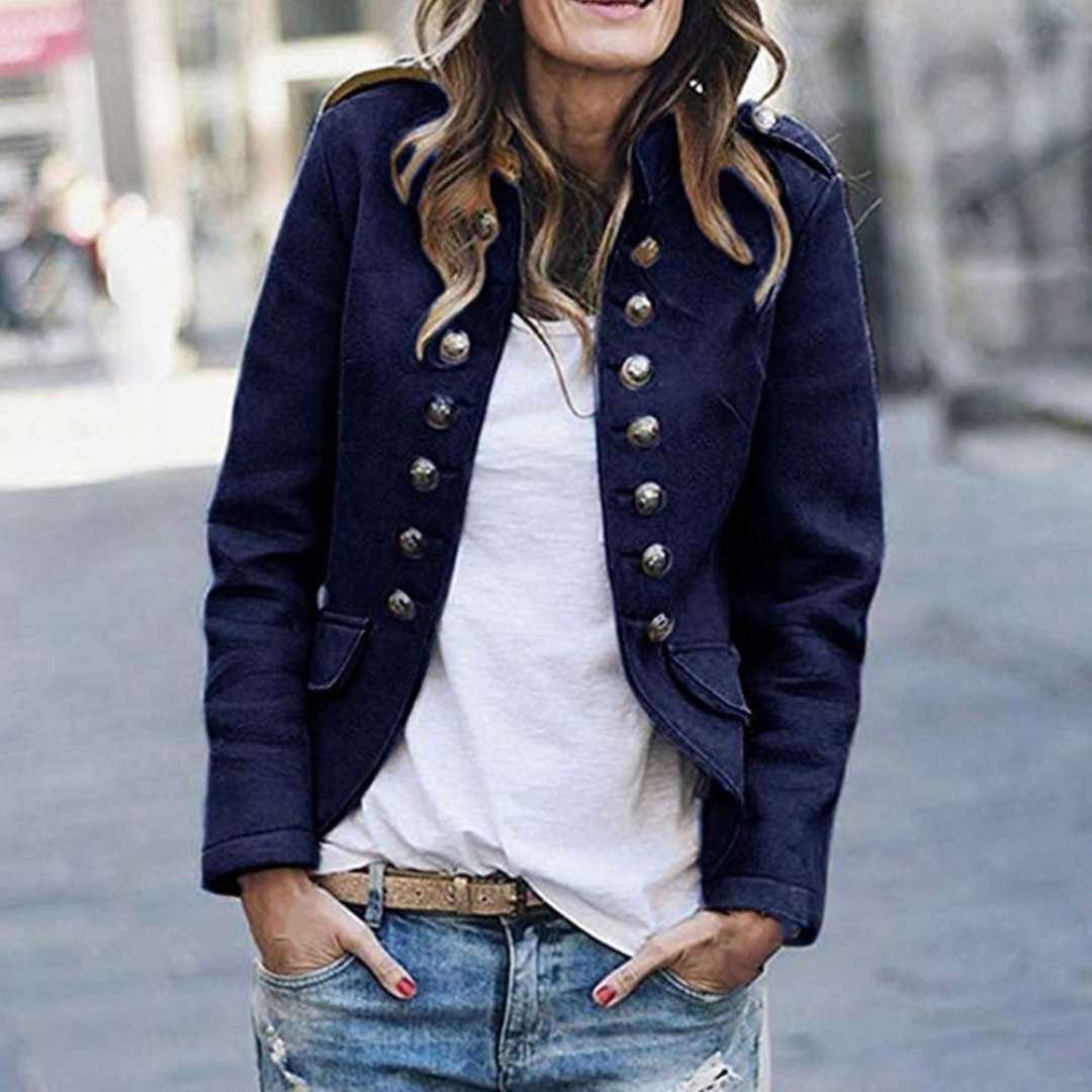 Dames Mode Jas – Stijlvolle Korte Blazer met Decoratieve Knopen