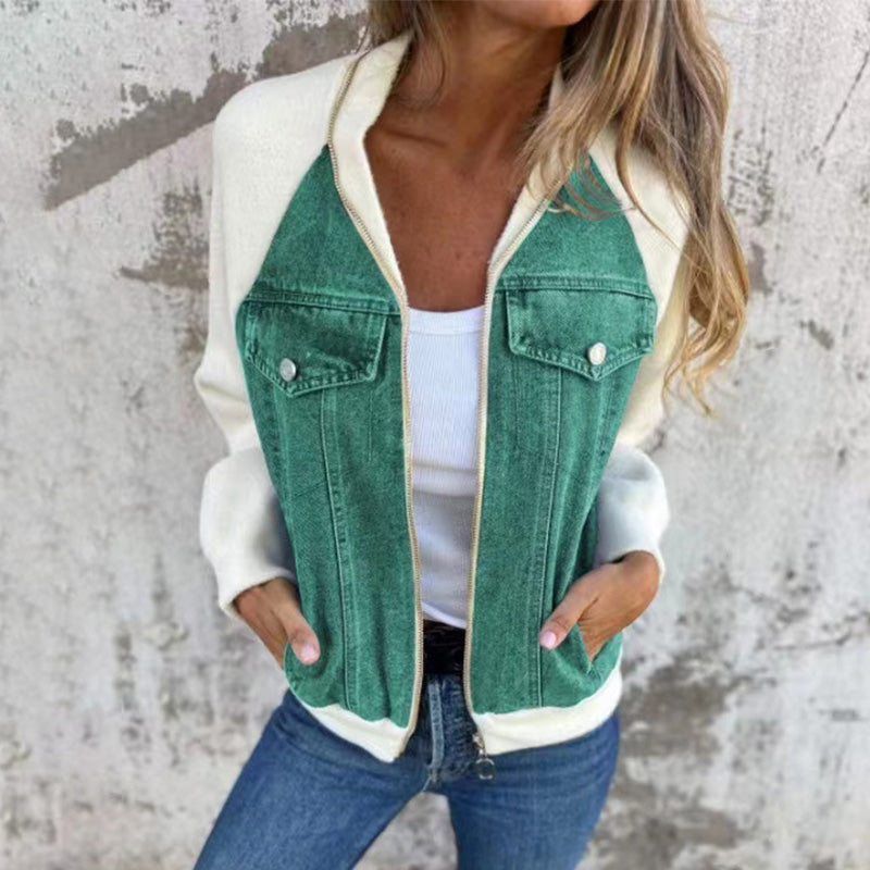Dames Denim Splicing Jas – Trendy Mix van Stoffen, Comfortabel & Ideaal voor Lente en Herfst
