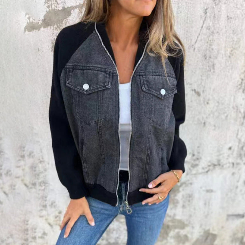 Dames Denim Splicing Jas – Trendy Mix van Stoffen, Comfortabel & Ideaal voor Lente en Herfst