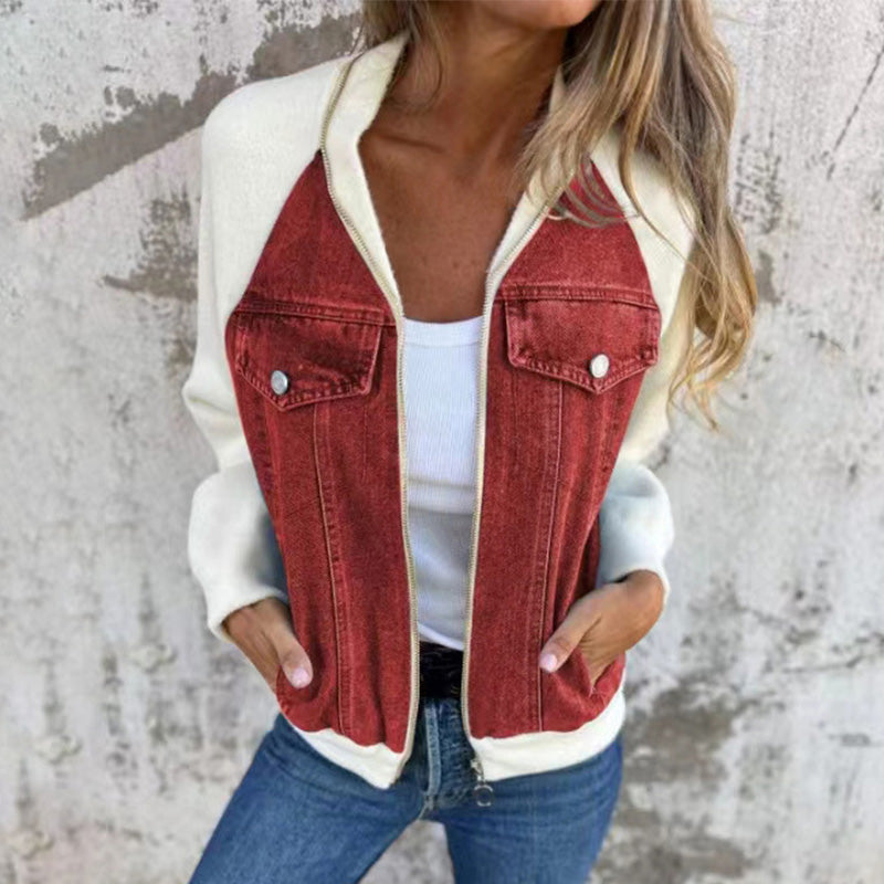 Dames Denim Splicing Jas – Trendy Mix van Stoffen, Comfortabel & Ideaal voor Lente en Herfst