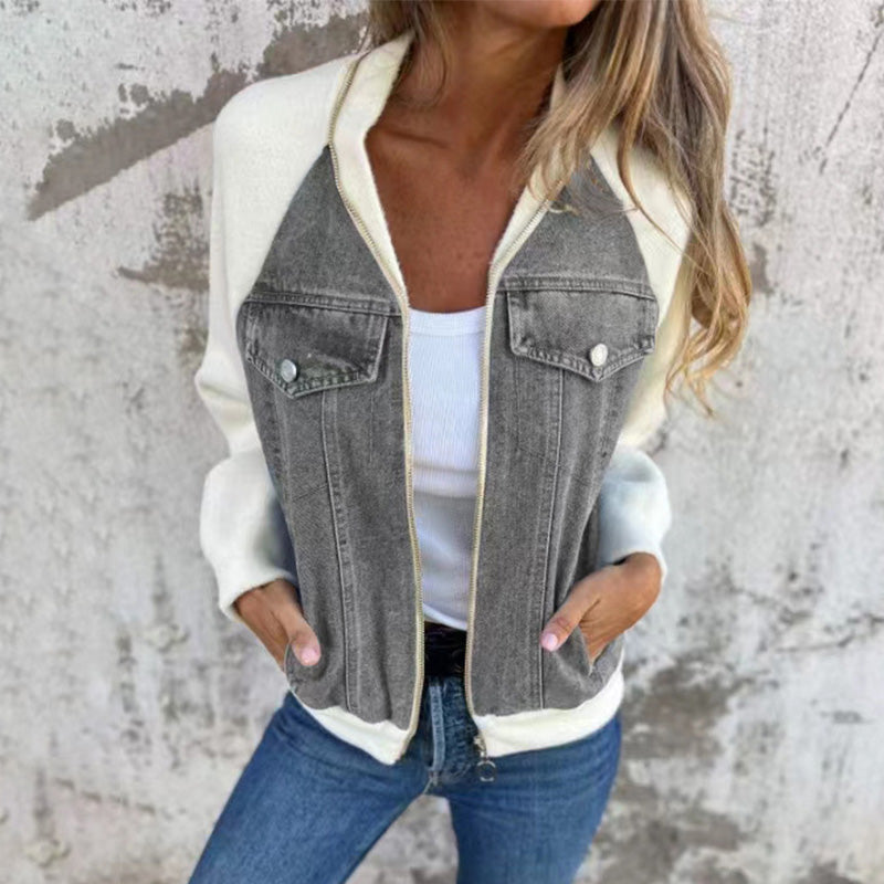 Dames Denim Splicing Jas – Trendy Mix van Stoffen, Comfortabel & Ideaal voor Lente en Herfst